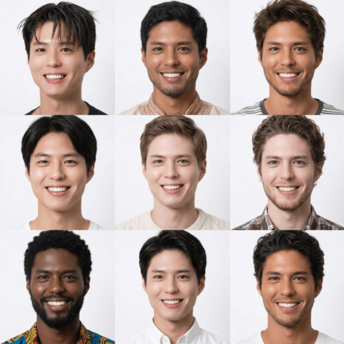 9 Nationalities People in Their 20s Man Panel Image AI Prompt